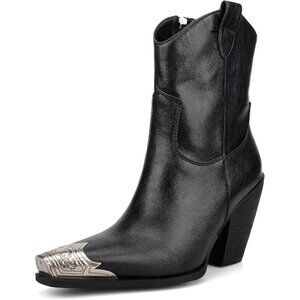 Women's Light Black Faux Leather Engraved Steel Toe Western Cowboy Ankle Boots